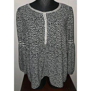 Max Studio Women's Plus 1X Ivory & Black Floral Boho Peasant Blouse Top $98